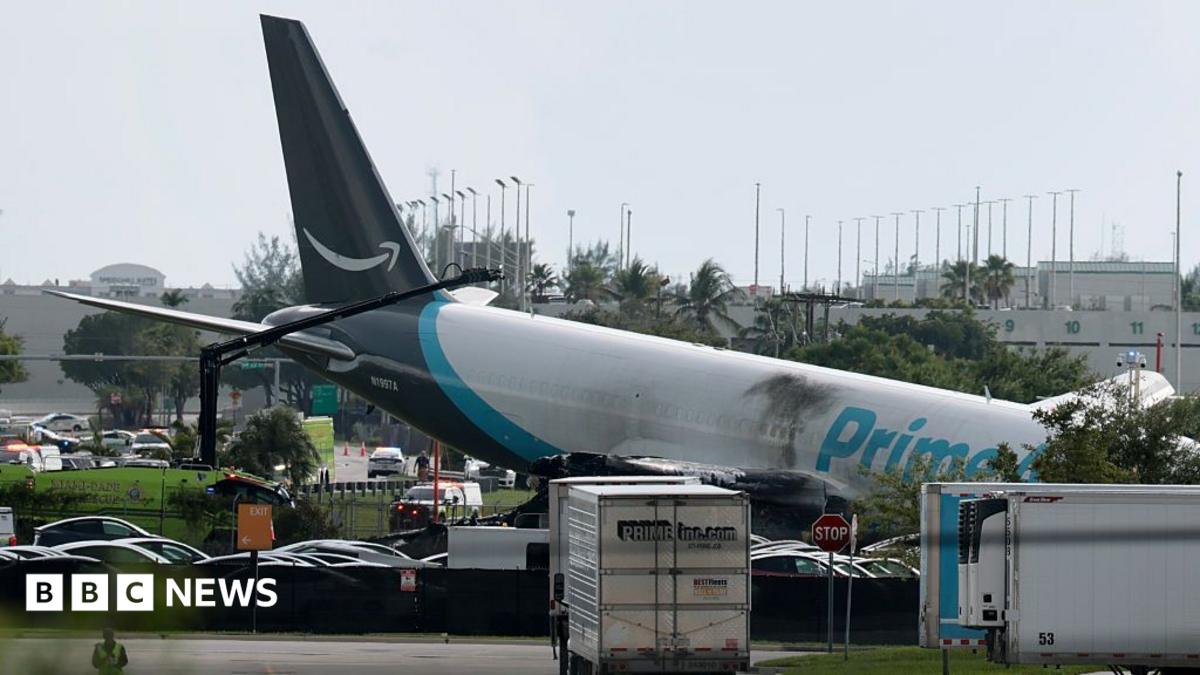 Amazon cargo plane overshoots runway and hits multiple vehicles at Miami airport, officials say - follow latest