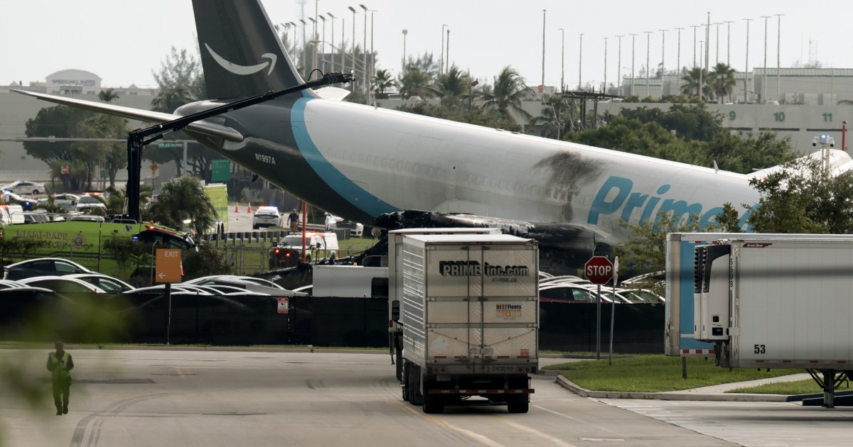 Five dead after Amazon-branded cargo plane overruns runway at Miami airport, striking multiple vehicles